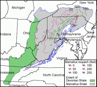 Thickness map of the Marcellus Shale Gas Field - Click Here for Additional Information about this Super-Giant Natural Gas Reserve